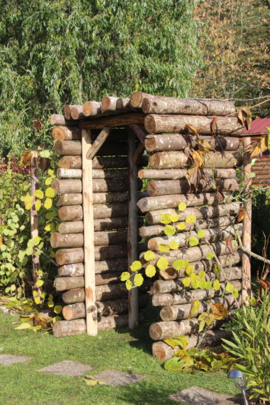 Pergola en rondins de bois brut entourée de végétation dans un jardin paysager.