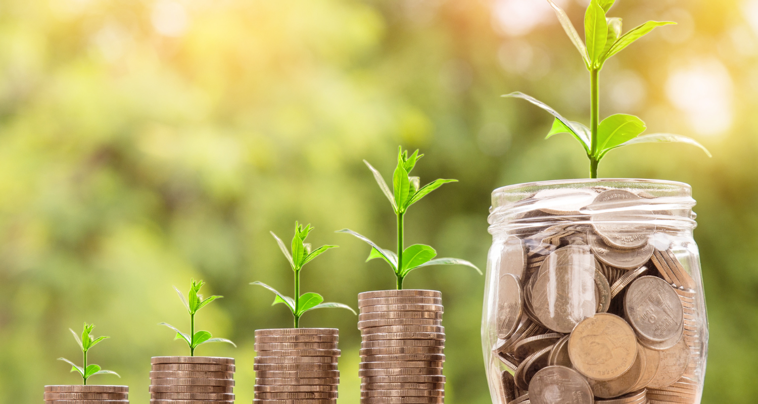 croissance-financière-investissement-écologique Croissance financière représentée par des piles de pièces avec des jeunes pousses de plantes, illustrant l’investissement durable et l’économie verte.